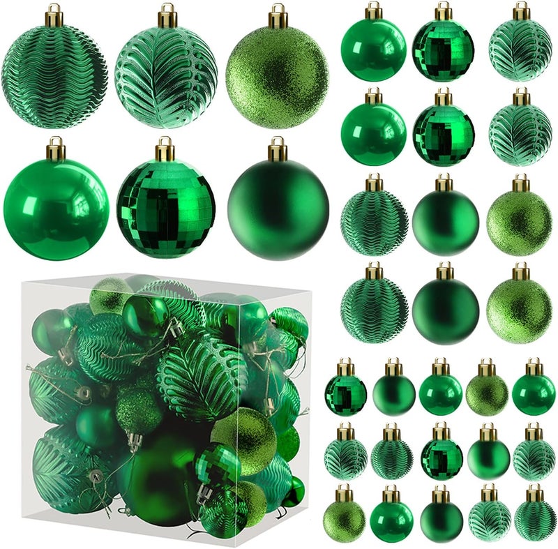 Prextex 36-Pieces Green Christmas Ornaments Set - Shatterproof, Festive Christmas Tree Balls Decorations in 3 Sizes and 6 Styles with Hanging Loops for Tree, Wreath, and Dazzling Holiday Party Decor - Image 1